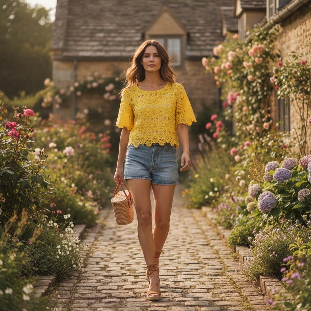 Solitaire yellow crochet openwork top scallop hem boho cottagecore short sleeve